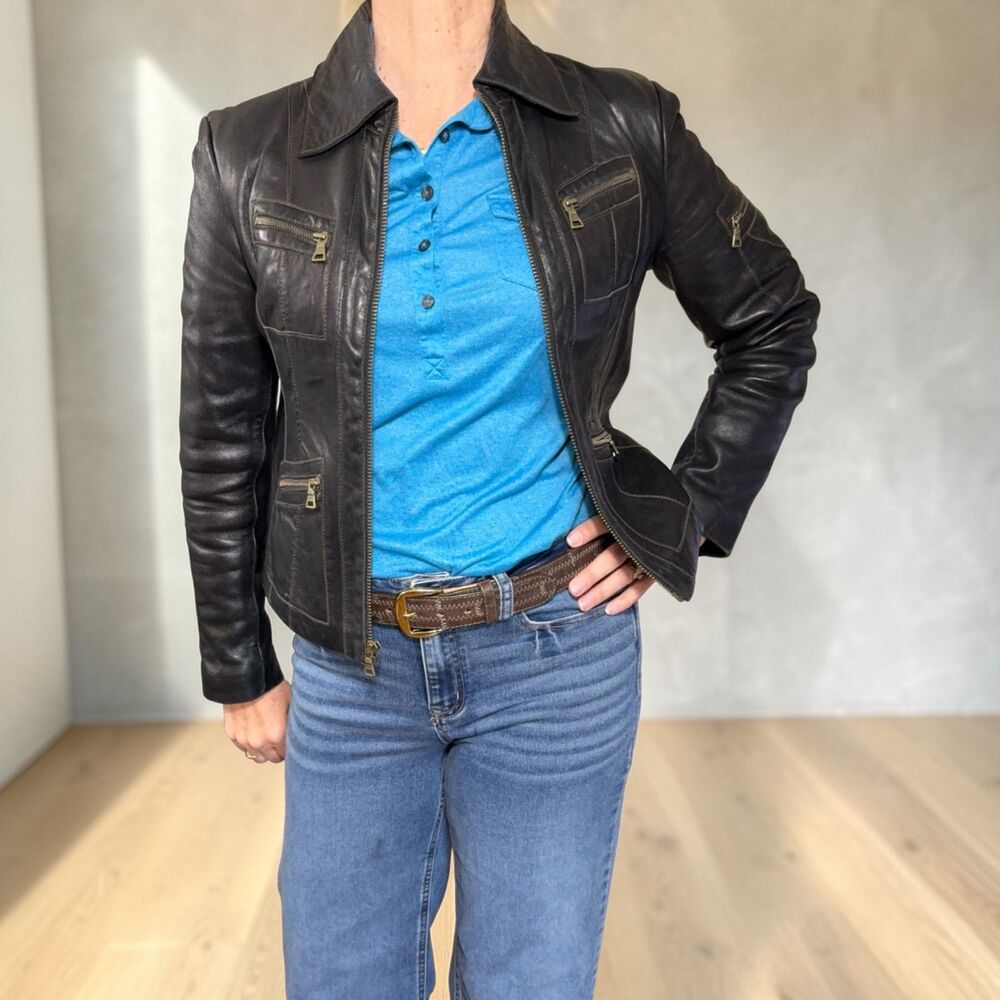 GUESS Womens Moto Jacket Genuine Leather Black Med Biker Full Zip Fitted Pockets